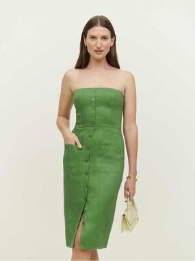 100% Linen Strapless Green Midi Dress